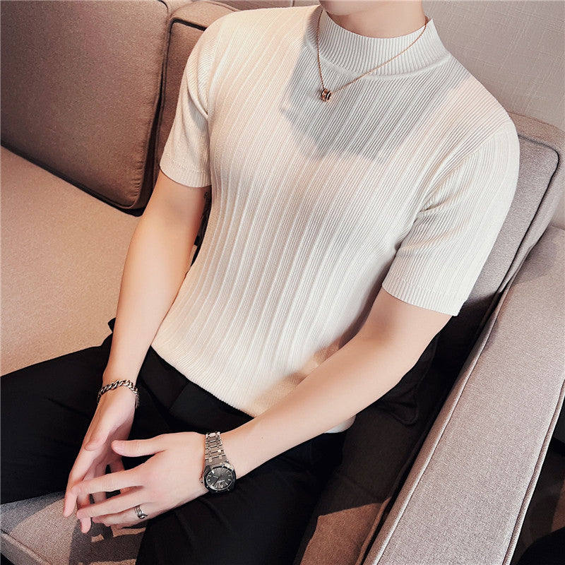 Knitted Elasticity Stripes Polyester T-Shirt