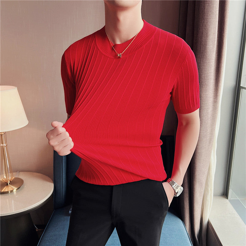 Knitted Elasticity Stripes Polyester T-Shirt