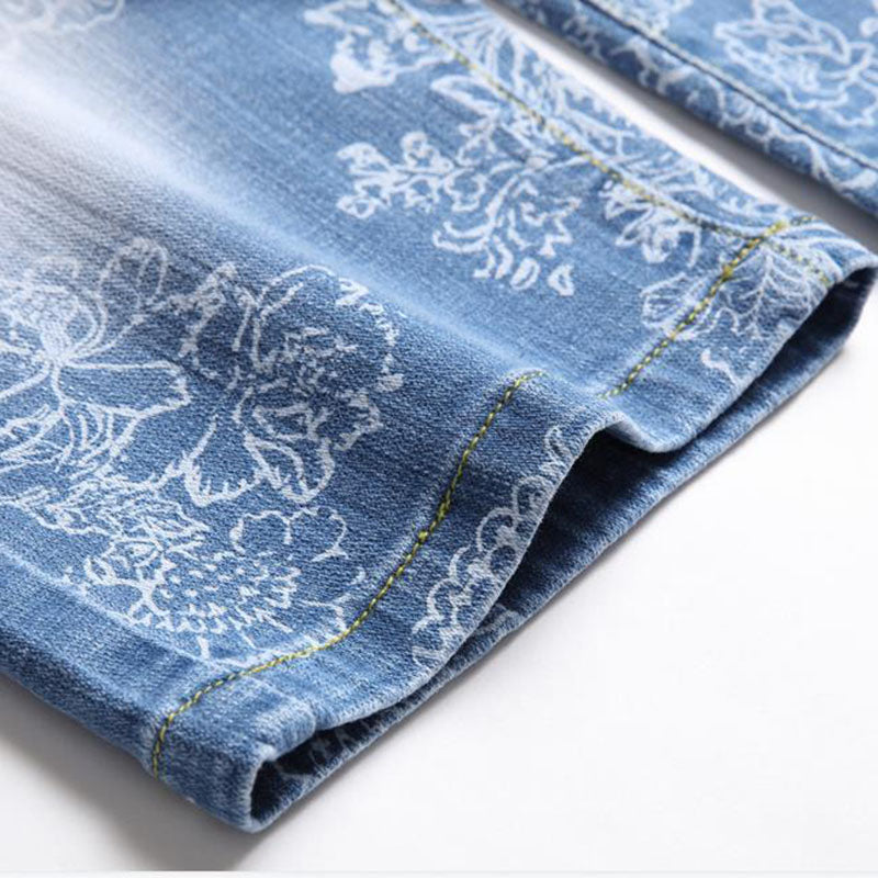 Flower Thin Printed Denim Short Jeans