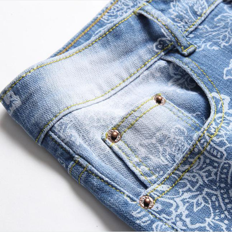 Flower Thin Printed Denim Short Jeans