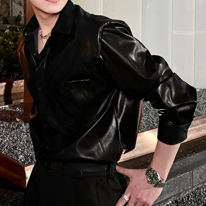 Black Solid PU Leather Shirt