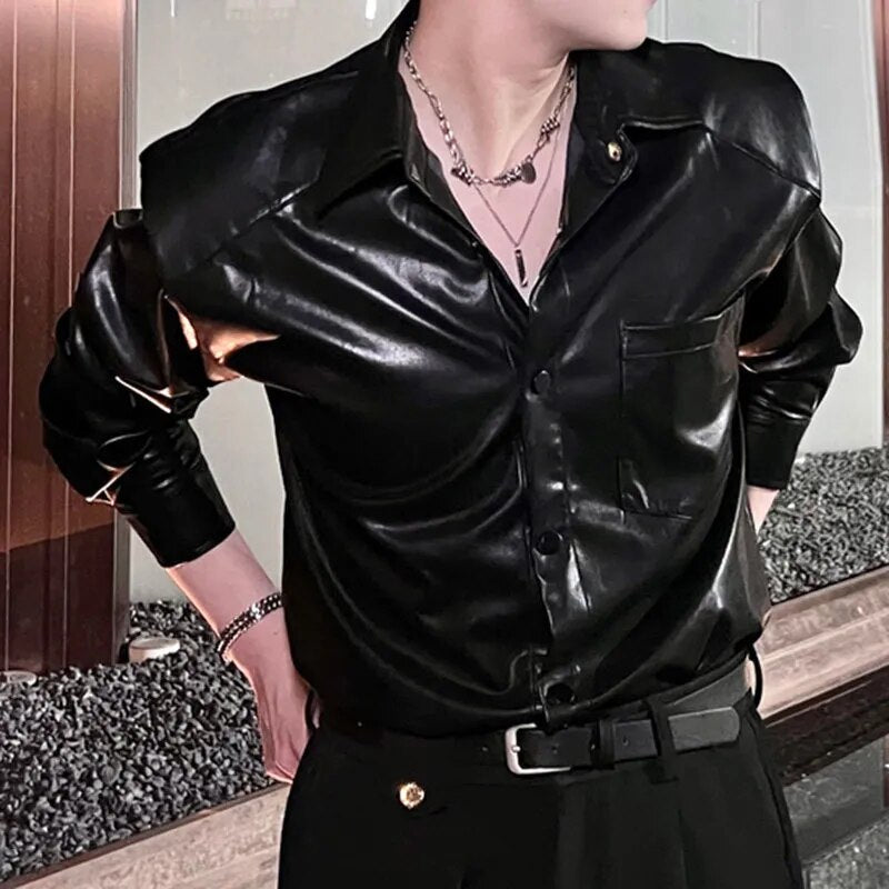 Black Solid PU Leather Shirt