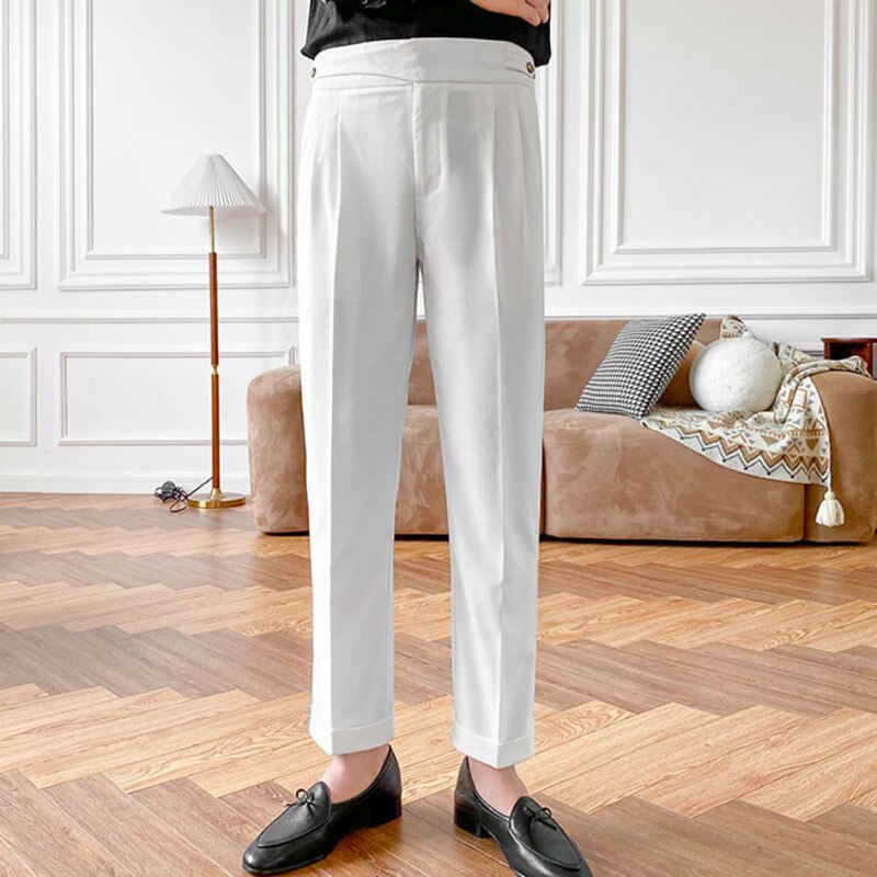 Solid Color High Waist Polyester Trousers