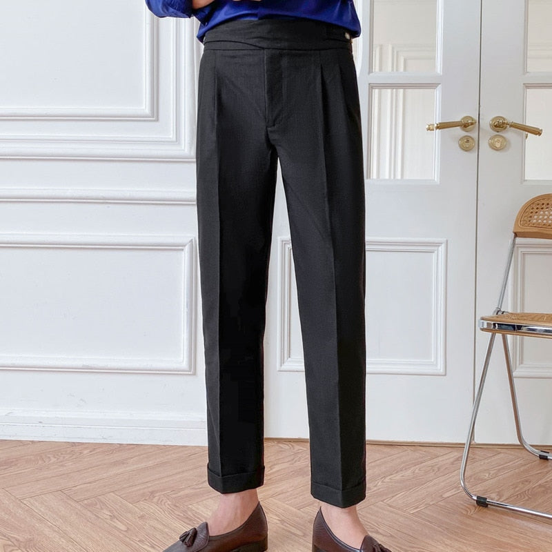Solid Color High Waist Polyester Trousers