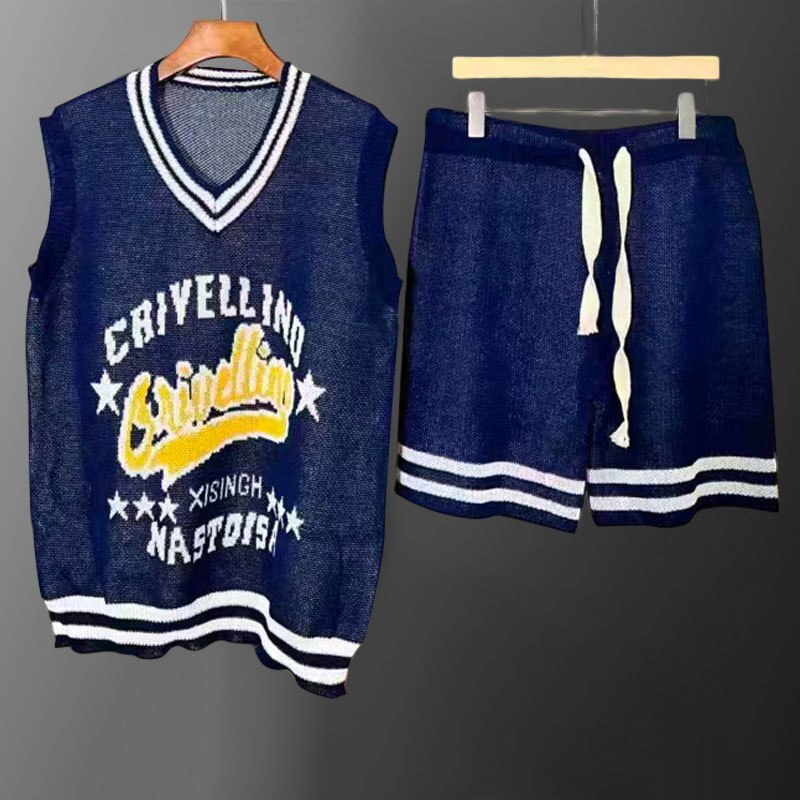 Contrast Geometric Pattern Vest Shorts Set