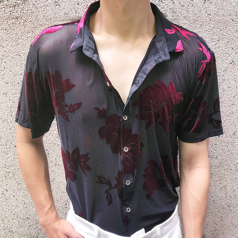 Velvet Floral See Through Short Sleeve Shirt