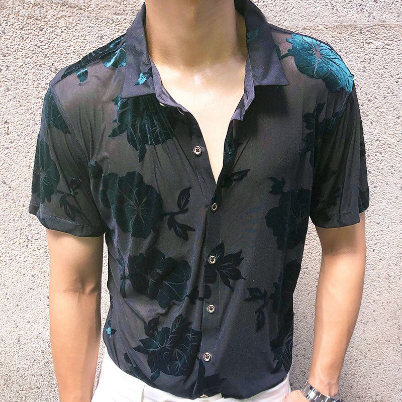 Velvet Floral See Through Short Sleeve Shirt