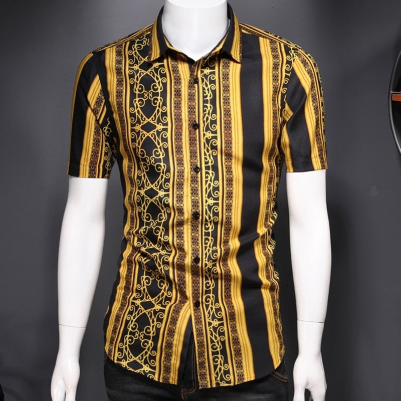 Retro Black Gold Print Short Sleeve Shirt