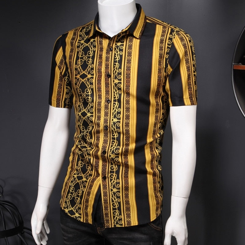 Retro Black Gold Print Short Sleeve Shirt