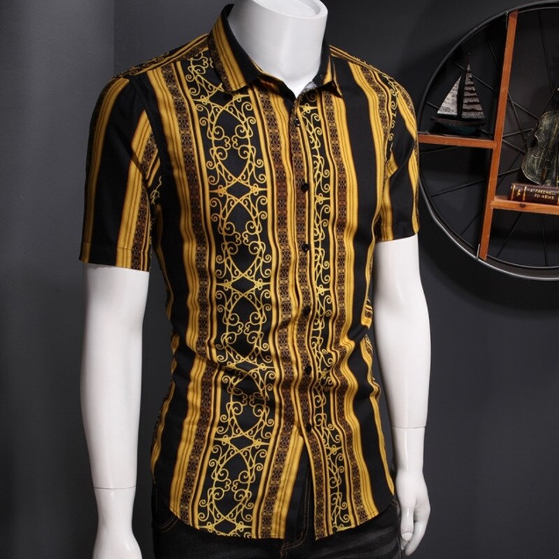 Retro Black Gold Print Short Sleeve Shirt