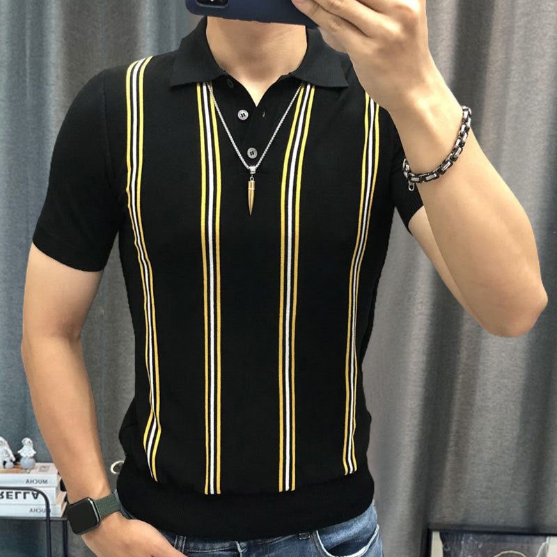 Striped Contrast Stitching Short Sleeve Polo Shirt