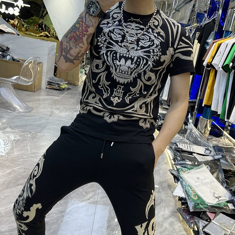 Trend Tiger Head Rhinestone Pants Set