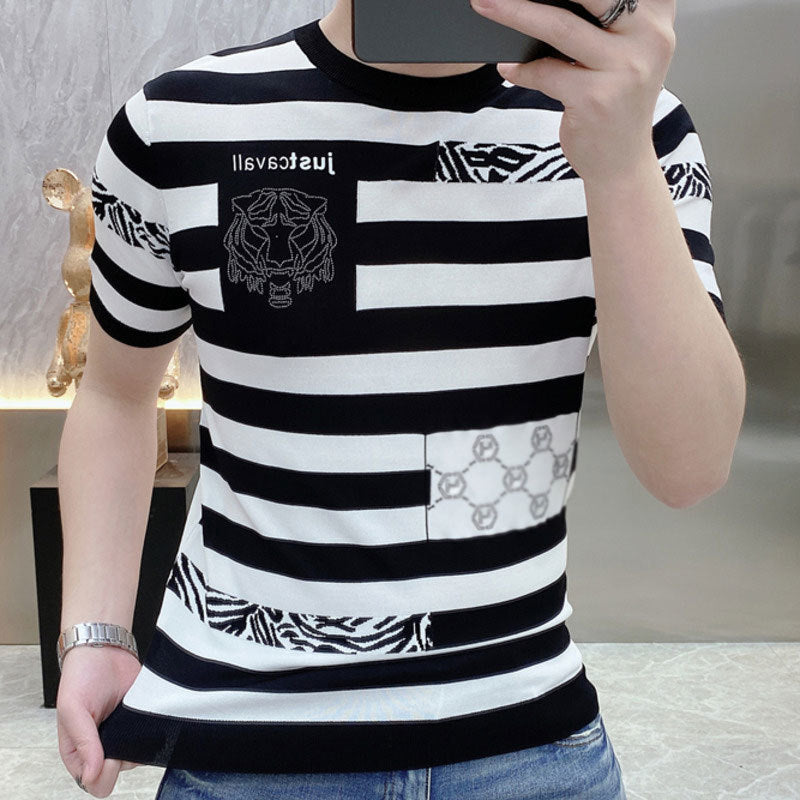 Tiger Head Print Black White Stripe T-Shirt
