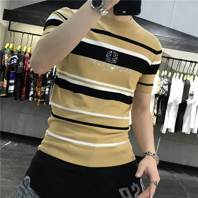 Rhinestone Striped Contrast Men T-Shirt