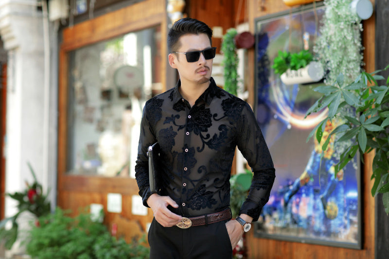 Semi Transparent Dark Floral Pattern Men Long Sleeves Velvet Shirt