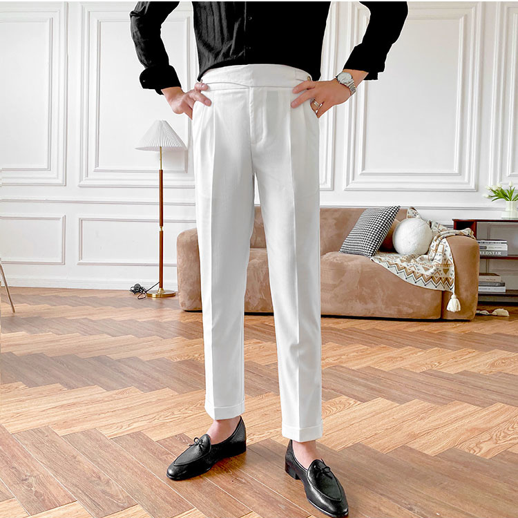 Solid Color High Waist Polyester Trousers