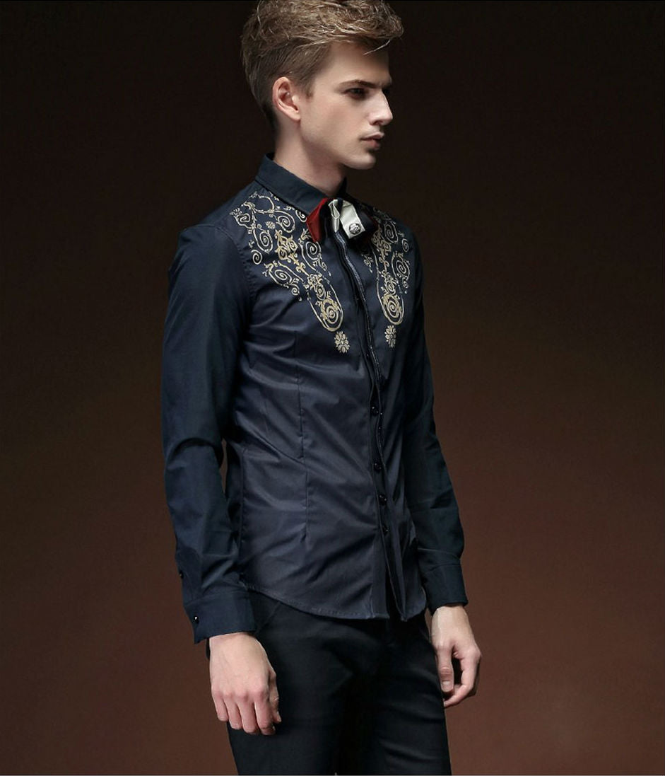 Royal Floral Pattern on Upper Chest Men Slim Fit Dandy Shirt