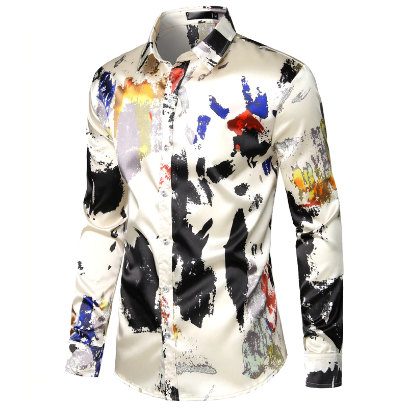 Abstract Ink Splash Prints Men Satin Shirt