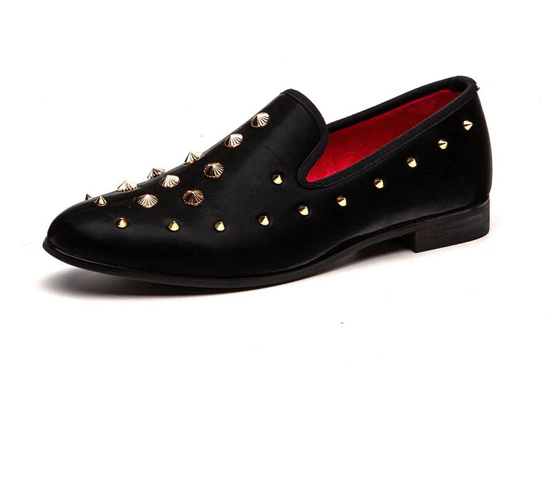 Solid Black with Gold Rivets Men Loafers Shoes