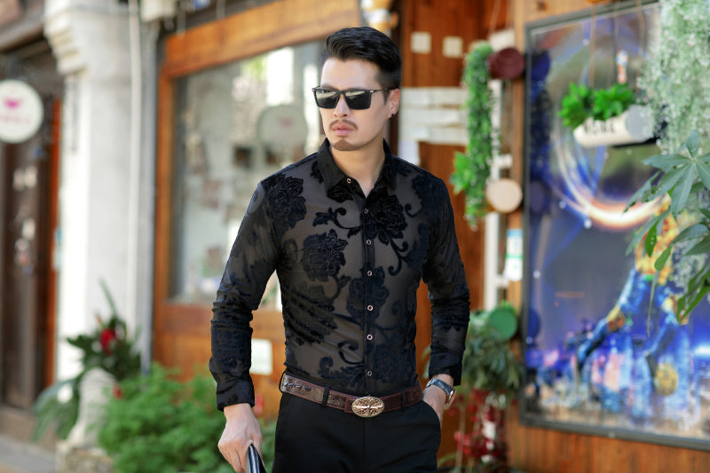 Semi Transparent Dark Floral Pattern Men Long Sleeves Velvet Shirt
