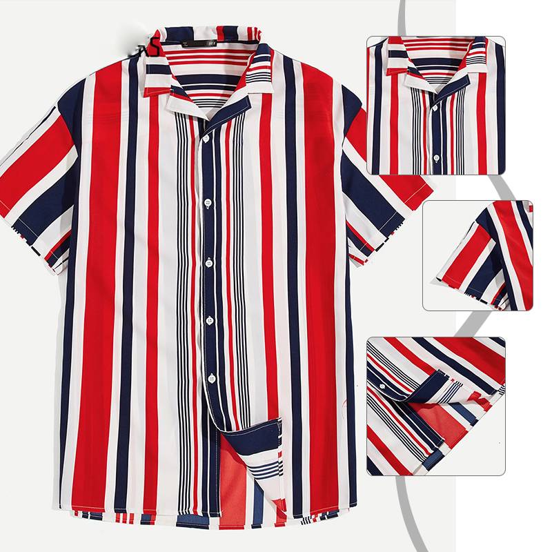 Vertical Stripe Buttoned Short Sleeve Style Men Shirt