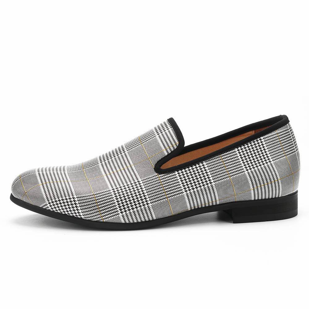 White Grey Chequered Flat Casual Men Loafers Shoes