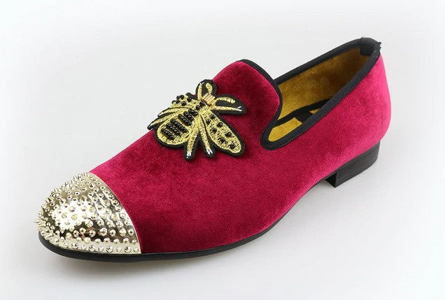 Golden Bee with Rivets Toes Men Velvet Loafers