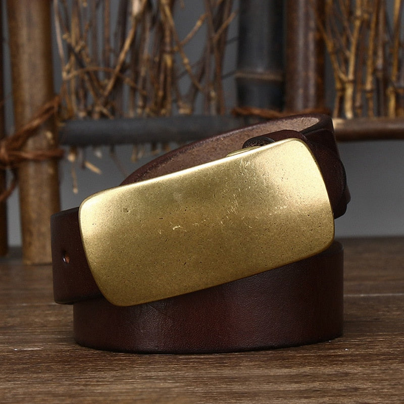 Smooth Copper Buckle Genuine Leather Belt