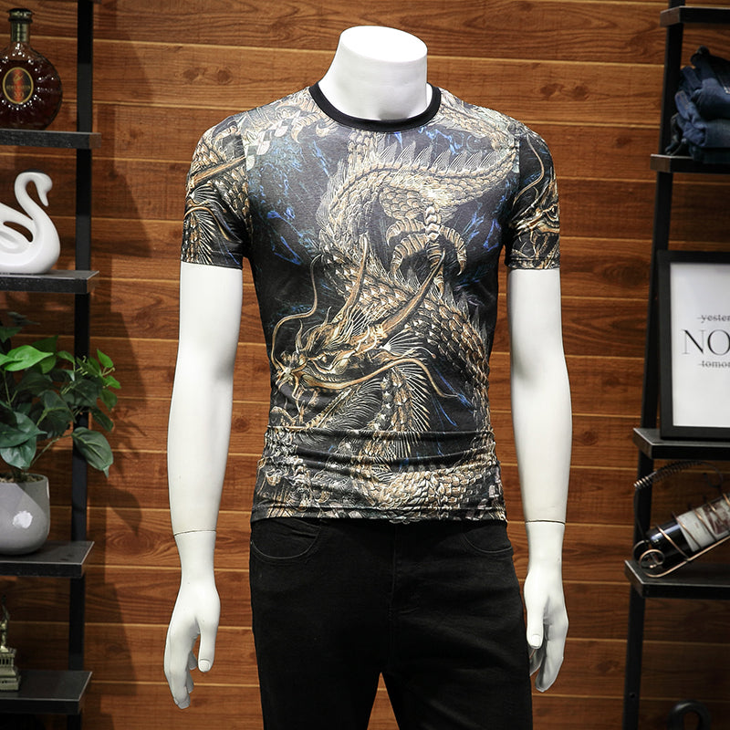 Dragon with Horn Chinese Style Printing men T-Shirt