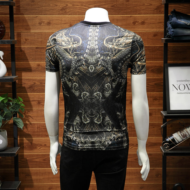 Dragon with Horn Chinese Style Printing men T-Shirt