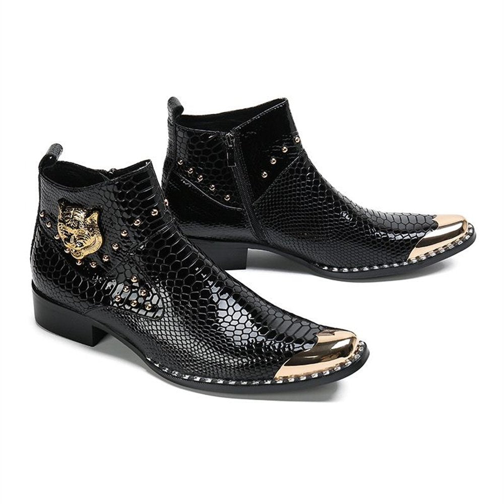 Tiger Head Appliques Snakeskin Ankle Boots