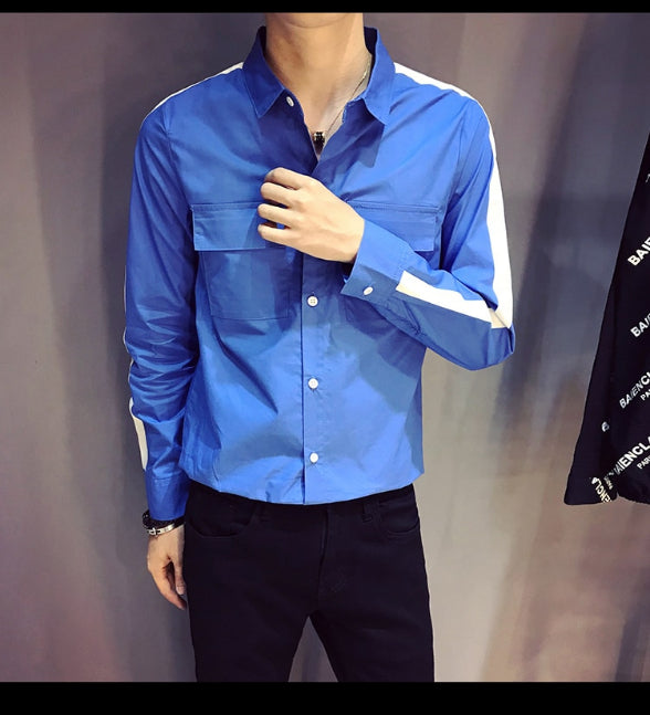 Cotton Double Pocket Stripe Sleeves Men Slim Shirt - FanFreakz