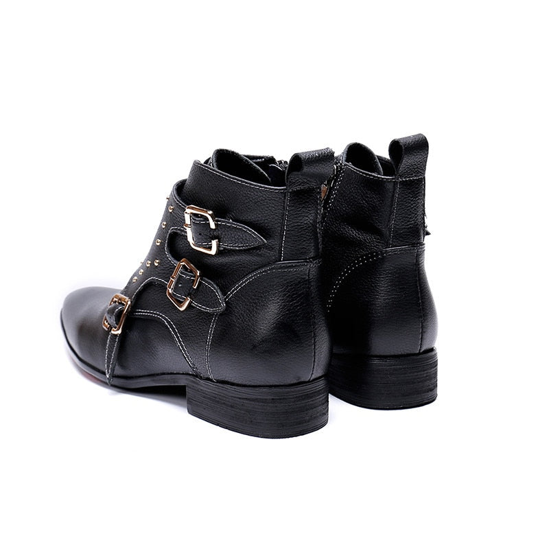 Black Strap Cowboy Flat Style Men Leather Boots - FanFreakz