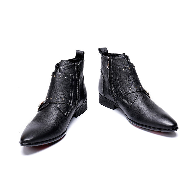 Black Strap Cowboy Flat Style Men Leather Boots - FanFreakz