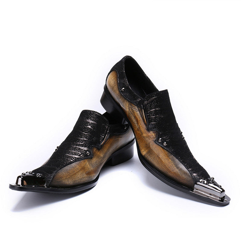 Metal Toe Two Tone Patchwork Black Dark Brown Men Loafers Shoes