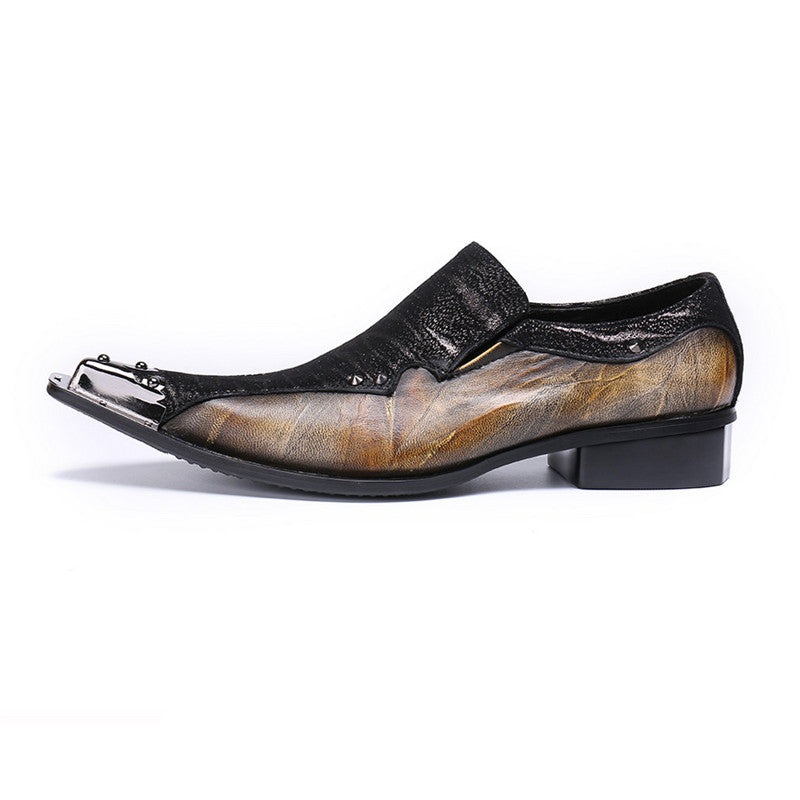 Metal Toe Two Tone Patchwork Black Dark Brown Men Loafers Shoes