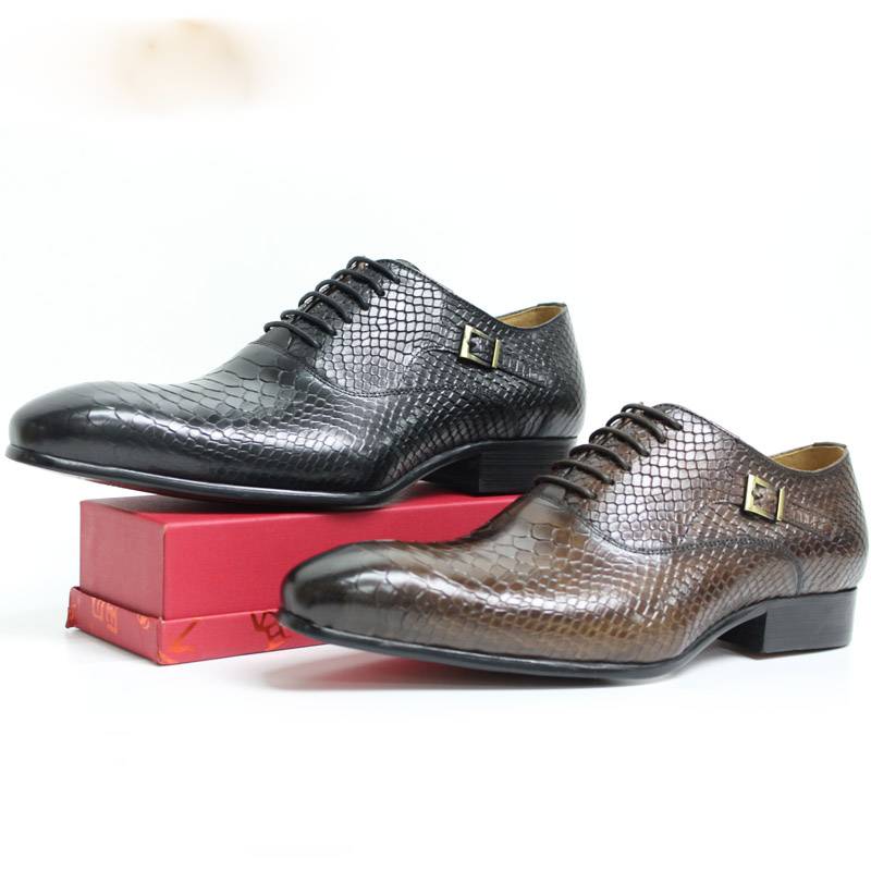 Black Coffee Pointed Toe Snake Skin Pattern Business Style Men Shoes