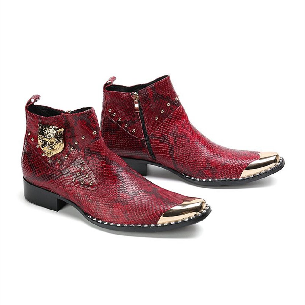 Tiger Head Appliques Snakeskin Ankle Boots