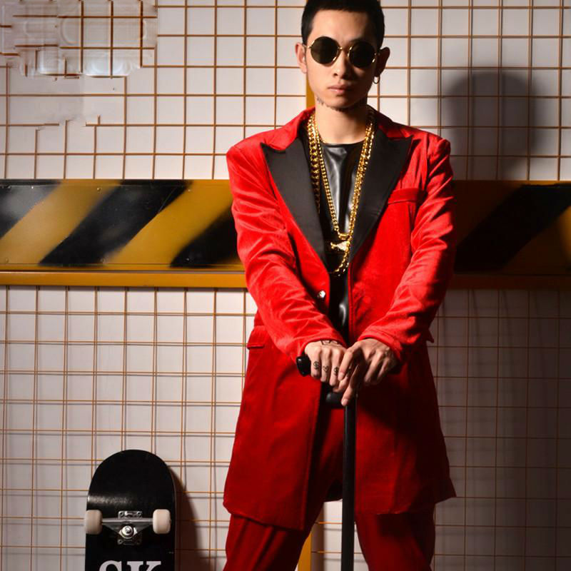 Red Velvet White Lapel Men Long Blazer with Pants Optional For Stage Performance