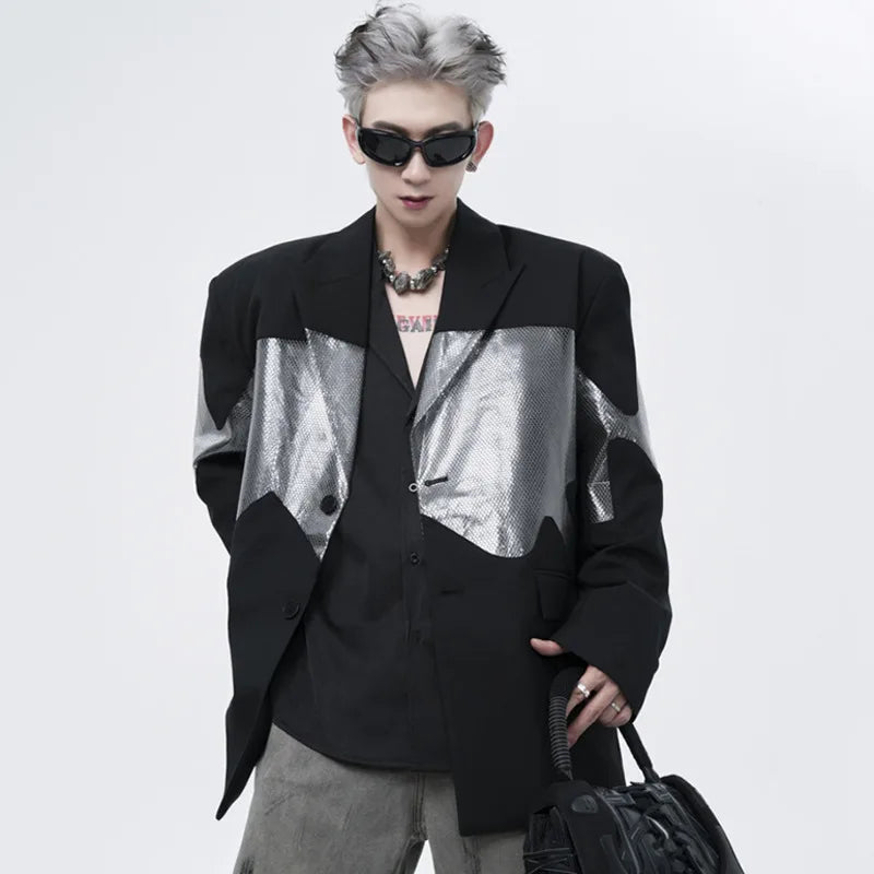 Black Silver Patchwork Contrast Color Blazer