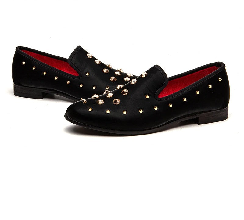 Solid Black with Gold Rivets Men Loafers Shoes