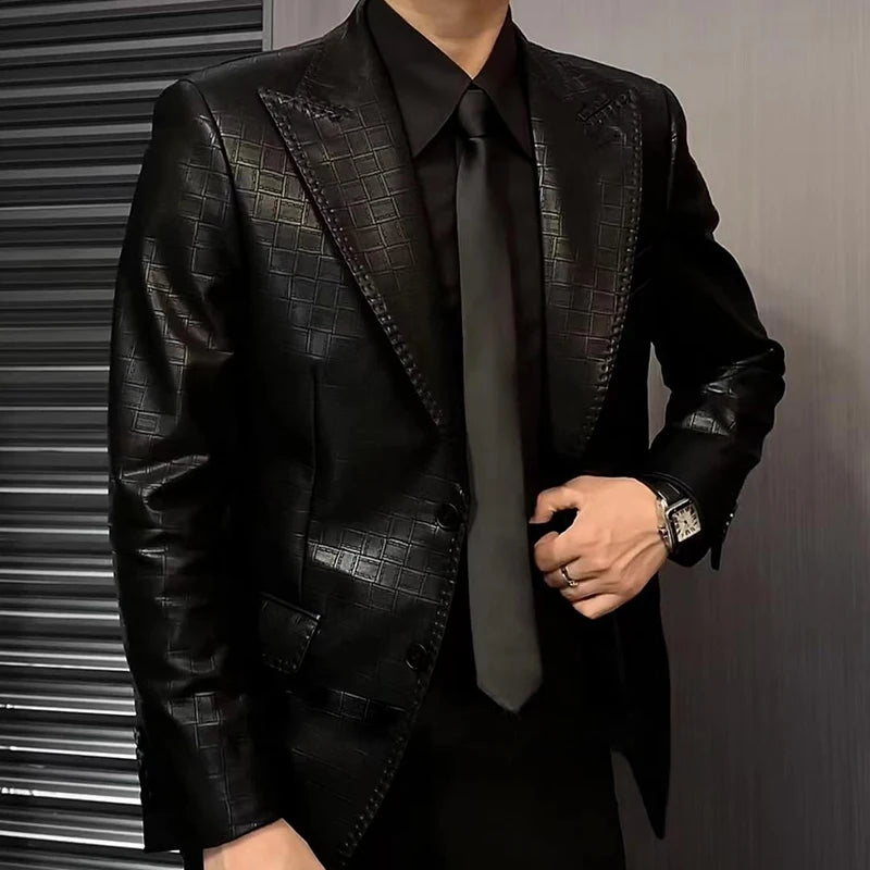 Plaid Pattern Faux Leather Blazer