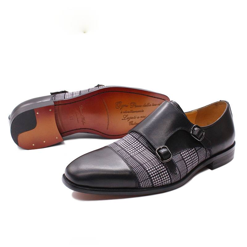 Plaids Patchwork Leather Double Monk Strap Pointed Toe Men Shoes