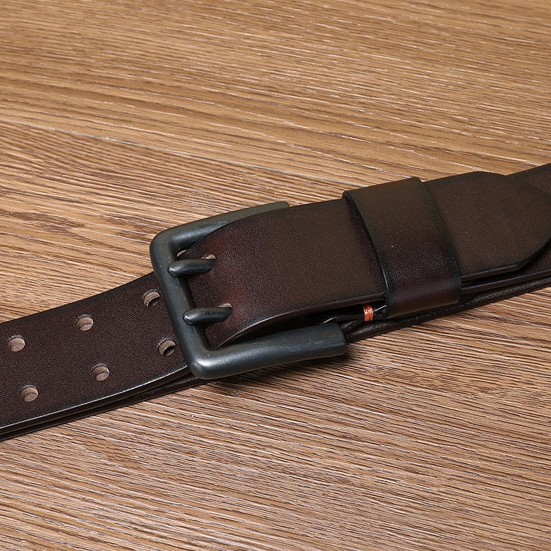 Solid Smooth Genuine Leather Double Pin Buckle Belt