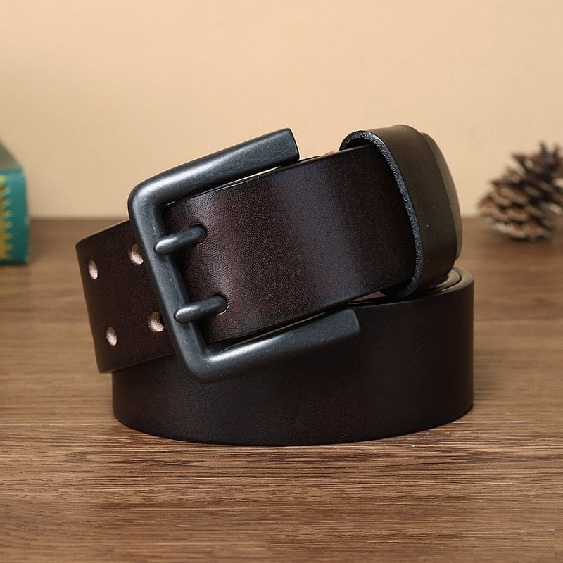 Solid Smooth Genuine Leather Double Pin Buckle Belt