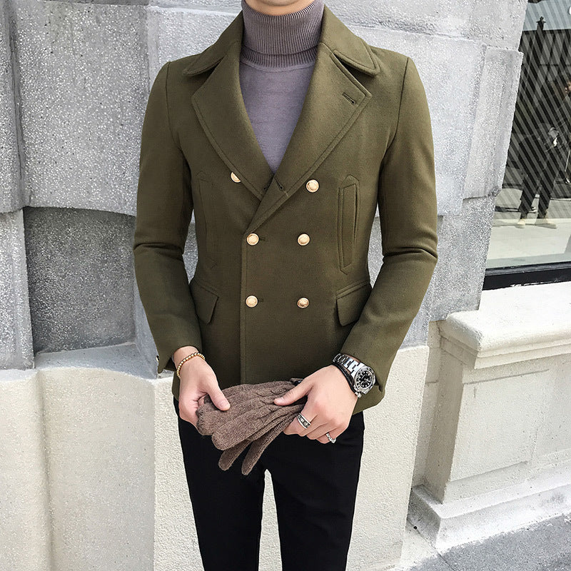 Double Breasted Turn Down Collar Men Wool Blend Slim Coat - FanFreakz