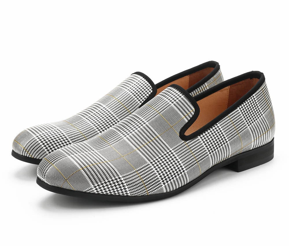 White Grey Chequered Flat Casual Men Loafers Shoes
