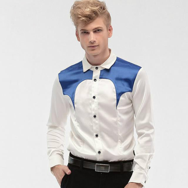 Blue Patchwork On Shoulder Men White Long Sleeve Slim Shirt - FanFreakz