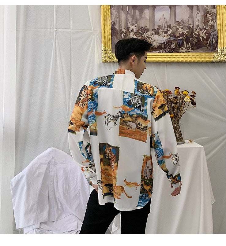 Vintage in Animal Pattern and Bow Tie Detail Men Long Sleeve Shirt