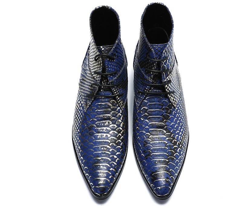 Luxury Pointed Toe Blue Pattern Men Ankle Boots